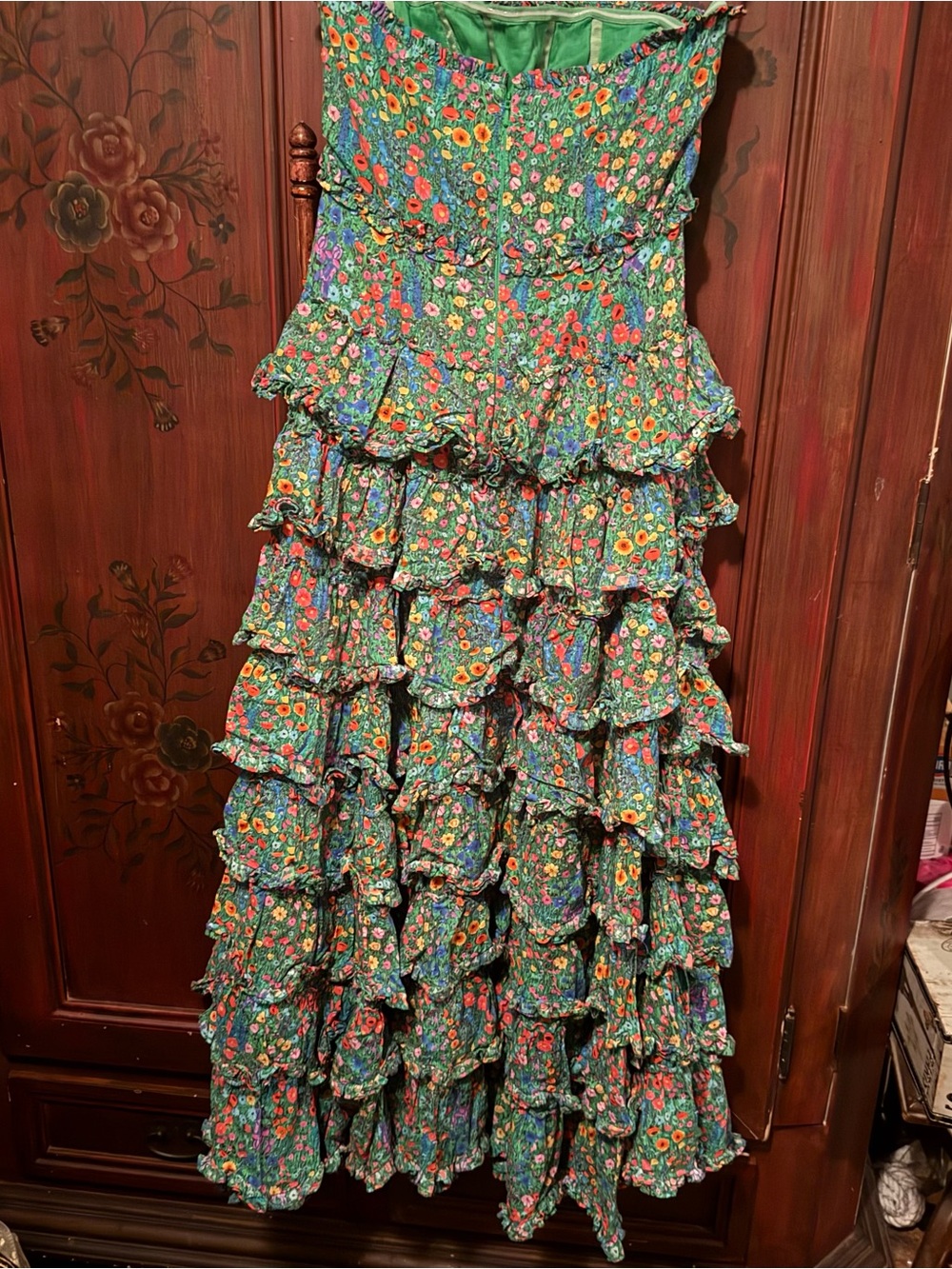 Mac Duggal Green Floral Strapless Tiered Ruffle Maxi Dress - Picture 6 of 7